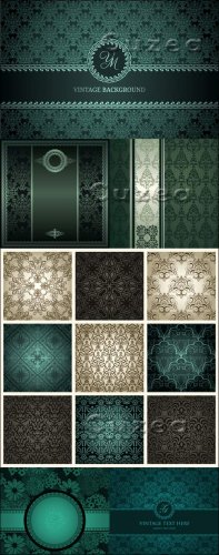  Vintage backgrounds with gold elements in green tone in a vector