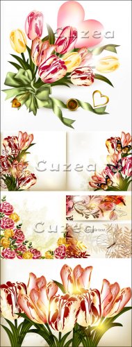        / Sparkling backgrounds with tulips and heart in a vector