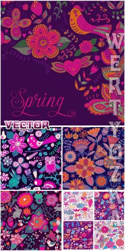        / Vector background with multicolored flowers and birds