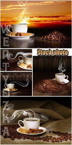      / Fragrant coffee on a background of a sunset - Raster clipart