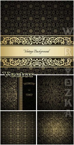       / Black vintage background with golden ornaments - vector