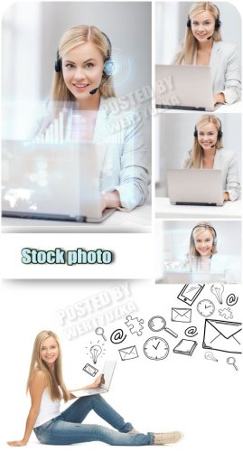      / Girl in headphones with laptop - Raster clipart